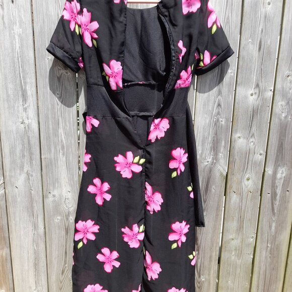 Handmade Dress Black Pink Floral Sheer 36"B 28"W Stretchy Mennonite - Picture 6 of 11